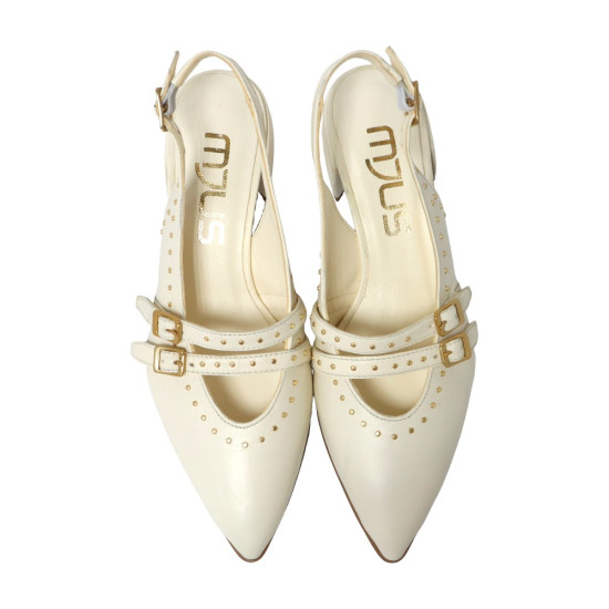 TINO BELLINI 貝里尼 歐洲進口 MJUS 復古搖滾風個性尖頭漆皮粗跟後繫帶低跟鞋FS1M005-3(米色)