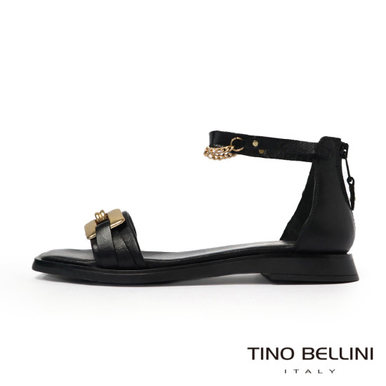 TINO BELLINI 貝里尼 歐洲進口 MJUS 金色扣飾踝鍊黑平底涼拖鞋FS7M002A-1(黑色)