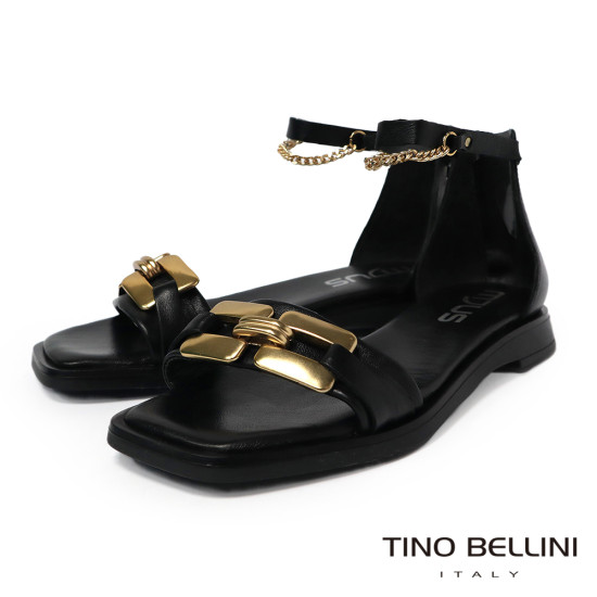TINO BELLINI 貝里尼 歐洲進口 MJUS 金色扣飾踝鍊黑平底涼拖鞋FS7M002A-1(黑色)