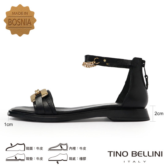 TINO BELLINI 貝里尼 歐洲進口 MJUS 金色扣飾踝鍊黑平底涼拖鞋FS7M002A-1(黑色)