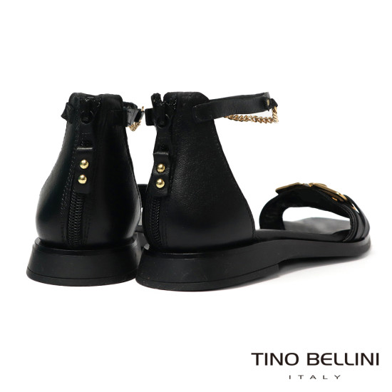 TINO BELLINI 貝里尼 歐洲進口 MJUS 金色扣飾踝鍊黑平底涼拖鞋FS7M002A-1(黑色)
