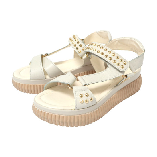 TINO BELLINI 貝里尼 歐洲進口 MJUS 厚底鬆糕鞋 銀色鉚釘 羅馬涼鞋FSOM010-3(米色)