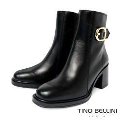  【TINO BELLINI 貝里尼】波西尼亞進口個性飾扣帶俏真皮中靴FWNV029-1(黑色)