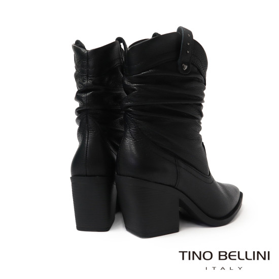 TINO BELLINI 貝里尼 巴西進口 真皮 褶皺造型 牛仔短靴 FWUT005-1(黑色)