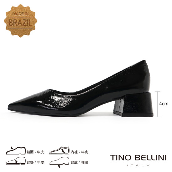 TINO BELLINI 貝里尼 巴西進口 真皮 尖頭 粗跟 包鞋 FSCV011A-1(黑色)