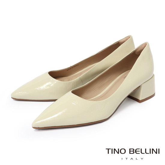 TINO BELLINI 貝里尼 巴西進口 真皮 尖頭 粗跟 包鞋 FSCV011A-R(米白色)