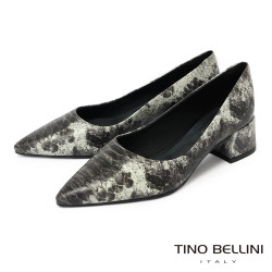 TINO BELLINI 貝里尼 巴西進口 深色 蛇皮紋 方頭 低跟 包鞋 FWCT038-E(灰色)
