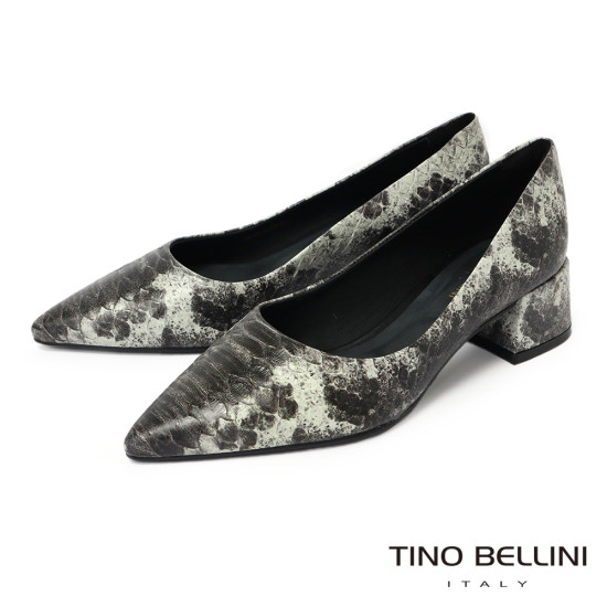 TINO BELLINI 貝里尼 巴西進口 深色 蛇皮紋 方頭 低跟 包鞋 FWCT038-E(灰色)