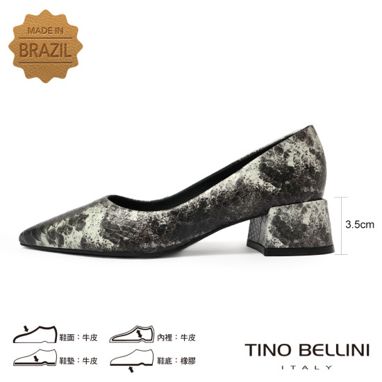 TINO BELLINI 貝里尼 巴西進口 深色 蛇皮紋 方頭 低跟 包鞋 FWCT038-E(灰色)