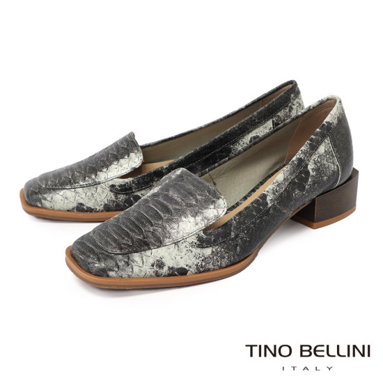 TINO BELLINI 貝里尼 巴西進口 蛇皮紋方頭低跟包鞋FWCT039-E(灰色)