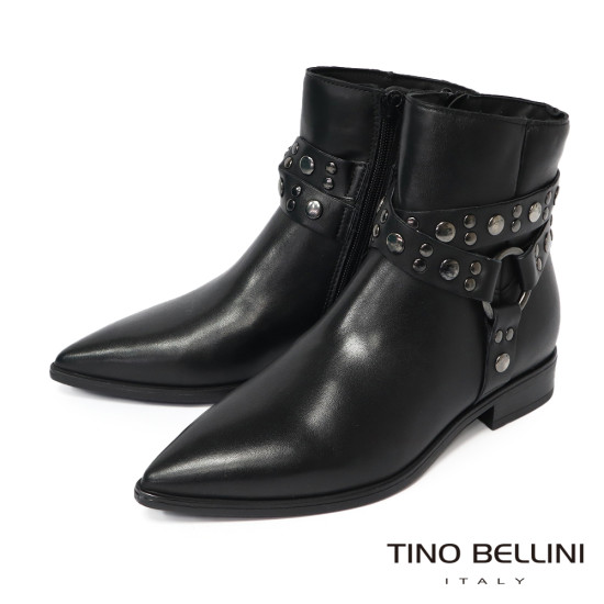 TINO BELLINI 貝里尼 歐洲進口真皮繞鉚釘中筒靴 FWNM013-1(黑色)