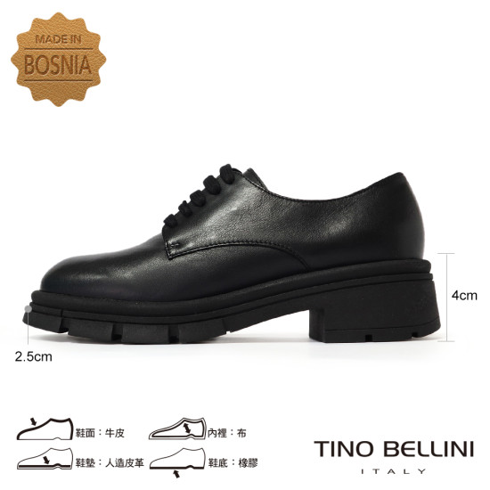 TINO BELLINI 貝里尼 厚底 牛津 增高 圓頭 系帶 素面 德比鞋 FYCT032-1(黑色)