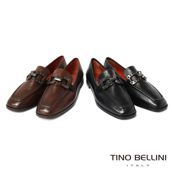 TINO BELLINI 貝里尼 歐洲進口 MJUS 歐風時尚方頭鉚釘真皮樂福鞋FYLM006-1(黑色)