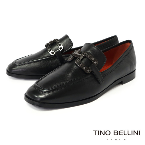 TINO BELLINI 貝里尼 歐洲進口 MJUS 歐風時尚方頭鉚釘真皮樂福鞋FYLM006-1(黑色)