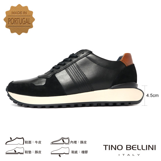 【TINO BELLINI 貝里尼】潮流個性輕量防滑真皮男鞋休閒鞋HM4T030-1(黑色)