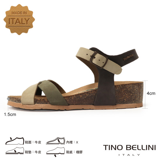 TINO BELLINI 貝里尼 歐洲進口 BIONATURA 腳床舒適鞋 真皮 交叉造型 軟木軟底 涼拖鞋 FSNB002-5(綠色)
