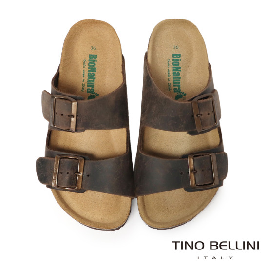 TINO BELLINI 貝里尼 歐洲進口 BIONATURA 腳床舒適鞋 真皮 雙飾扣造型 軟木軟底 拖鞋FSQB001-6