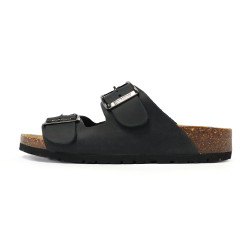 TINO BELLINI 貝里尼 歐洲進口 BIONATURA 腳床舒適鞋 真皮 雙飾扣造型 軟木軟底 拖鞋 FSQB001-U(黑瘋色)