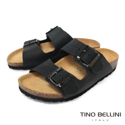 TINO BELLINI 貝里尼 歐洲進口 BIONATURA 腳床舒適鞋 真皮 雙飾扣造型 軟木軟底 拖鞋 FSQB001-U(黑瘋色)