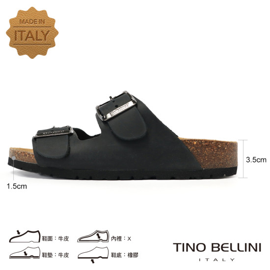 TINO BELLINI 貝里尼 歐洲進口 BIONATURA 腳床舒適鞋 真皮 雙飾扣造型 軟木軟底 拖鞋 FSQB001-U(黑瘋色)