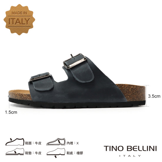 TINO BELLINI 貝里尼 歐洲進口 BIONATURA 腳床舒適鞋 真皮 雙飾扣造型 軟木軟底 拖鞋 FSQB001-V(藍瘋色)