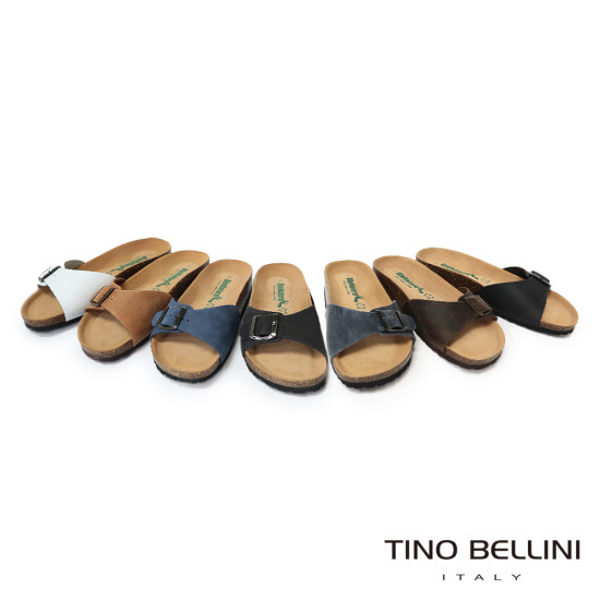 TINO BELLINI 貝里尼 歐洲進口 BIONATURA 腳床舒適鞋 真皮 飾扣造型 軟木軟底 拖鞋 FSQB002-0(白色)