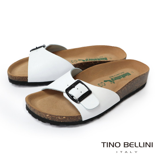 TINO BELLINI 貝里尼 歐洲進口 BIONATURA 腳床舒適鞋 真皮 飾扣造型 軟木軟底 拖鞋 FSQB002-0(白色)