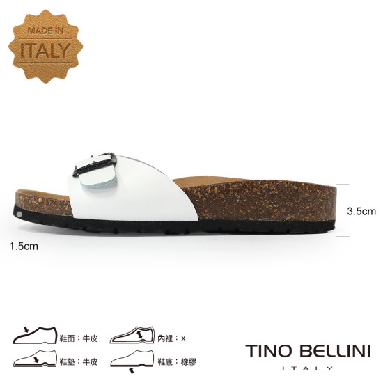 TINO BELLINI 貝里尼 歐洲進口 BIONATURA 腳床舒適鞋 真皮 飾扣造型 軟木軟底 拖鞋 FSQB002-0(白色)