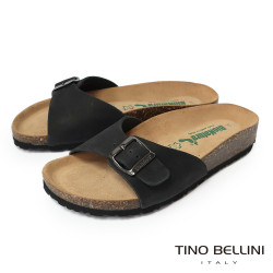 TINO BELLINI 貝里尼 歐洲進口 BIONATURA 腳床舒適鞋 真皮 飾扣造型 軟木軟底 拖鞋 FSQB002-1(黑色)