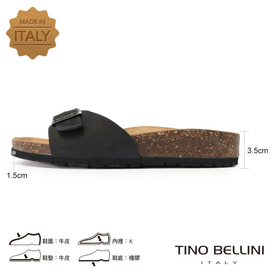 TINO BELLINI 貝里尼 歐洲進口 BIONATURA 腳床舒適鞋 真皮 飾扣造型 軟木軟底 拖鞋 FSQB002-1(黑色)