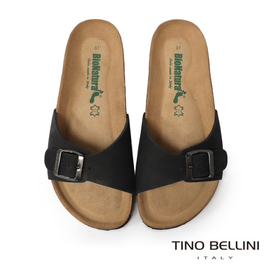 TINO BELLINI 貝里尼 歐洲進口 BIONATURA 腳床舒適鞋 真皮 飾扣造型 軟木軟底 拖鞋 FSQB002-1(黑色)