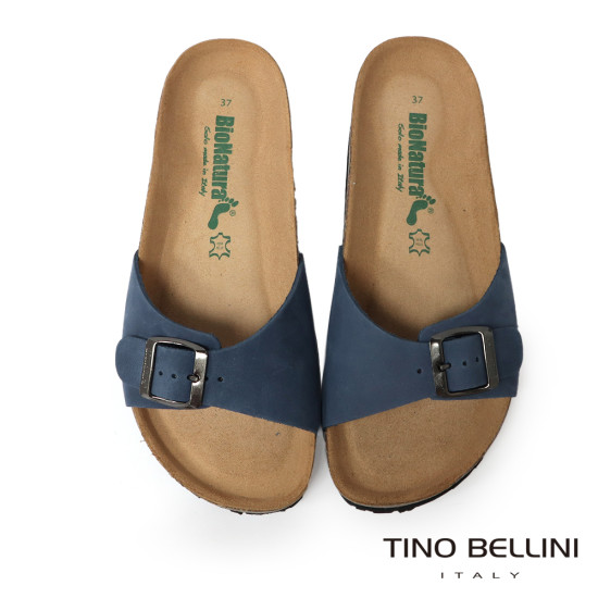 TINO BELLINI 貝里尼 歐洲進口 BIONATURA 腳床舒適鞋 真皮 飾扣造型 軟木軟底 拖鞋 FSQB002-4(藍色)