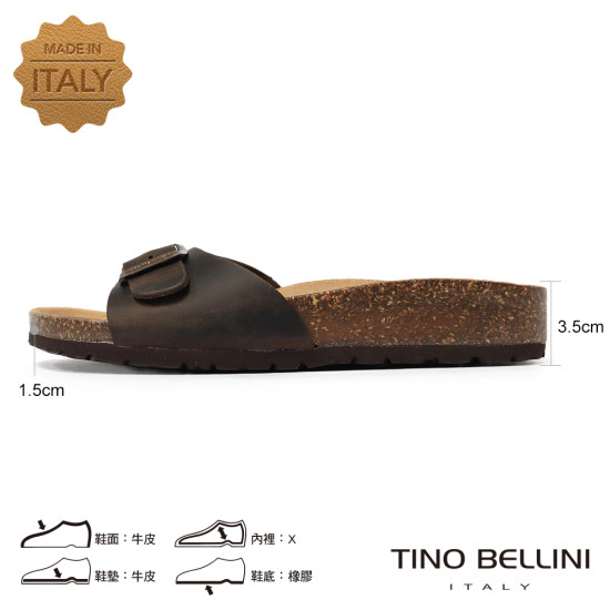 TINO BELLINI 貝里尼 歐洲進口 BIONATURA 腳床舒適鞋 真皮 飾扣造型 軟木軟底 拖鞋 FSQB002-6(咖色)