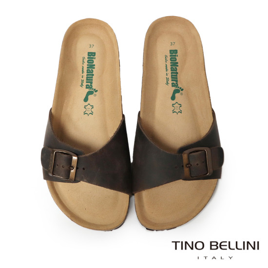 TINO BELLINI 貝里尼 歐洲進口 BIONATURA 腳床舒適鞋 真皮 飾扣造型 軟木軟底 拖鞋 FSQB002-6(咖色)