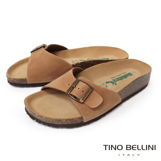TINO BELLINI 貝里尼 歐洲進口 BIONATURA 腳床舒適鞋 真皮 飾扣造型 軟木軟底 拖鞋 FSQB002-9(駝色)