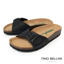 TINO BELLINI 貝里尼 歐洲進口 BIONATURA 腳床舒適鞋 真皮 飾扣造型 軟木軟底 拖鞋 FSQB002-U(黑瘋色)