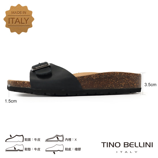 TINO BELLINI 貝里尼 歐洲進口 BIONATURA 腳床舒適鞋 真皮 飾扣造型 軟木軟底 拖鞋 FSQB002-U(黑瘋色)