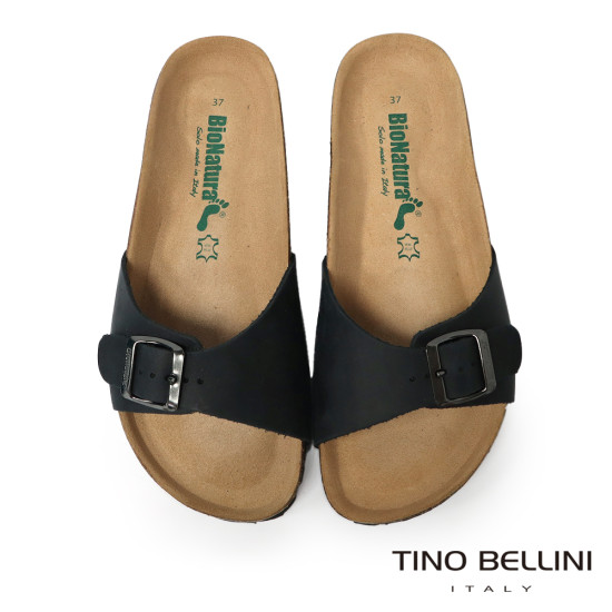 TINO BELLINI 貝里尼 歐洲進口 BIONATURA 腳床舒適鞋 真皮 飾扣造型 軟木軟底 拖鞋 FSQB002-U(黑瘋色)