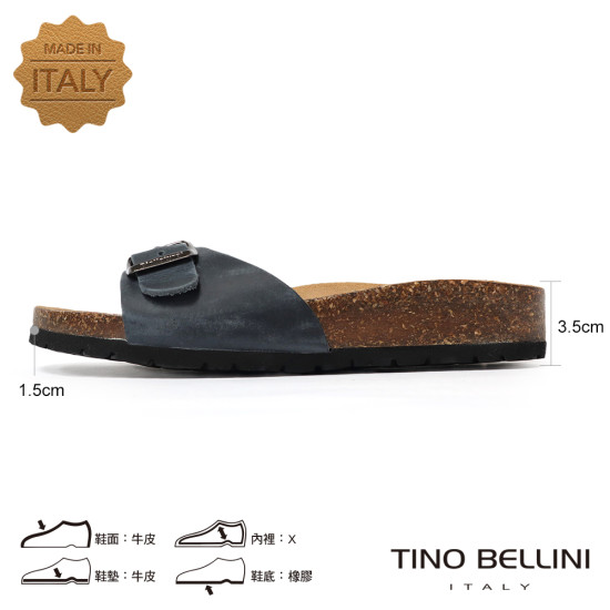 TINO BELLINI 貝里尼 歐洲進口 BIONATURA 腳床舒適鞋 真皮 飾扣造型 軟木軟底 拖鞋 FSQB002-V(藍瘋色)