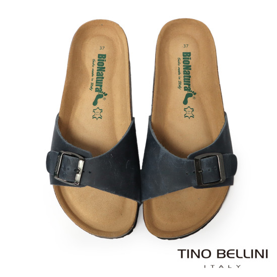 TINO BELLINI 貝里尼 歐洲進口 BIONATURA 腳床舒適鞋 真皮 飾扣造型 軟木軟底 拖鞋 FSQB002-V(藍瘋色)