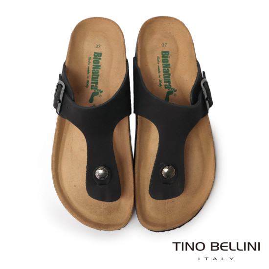 TINO BELLINI 貝里尼 歐洲進口 BIONATURA 腳床舒適鞋 真皮 飾扣造型 軟木軟底 夾腳拖鞋FSQB003-1