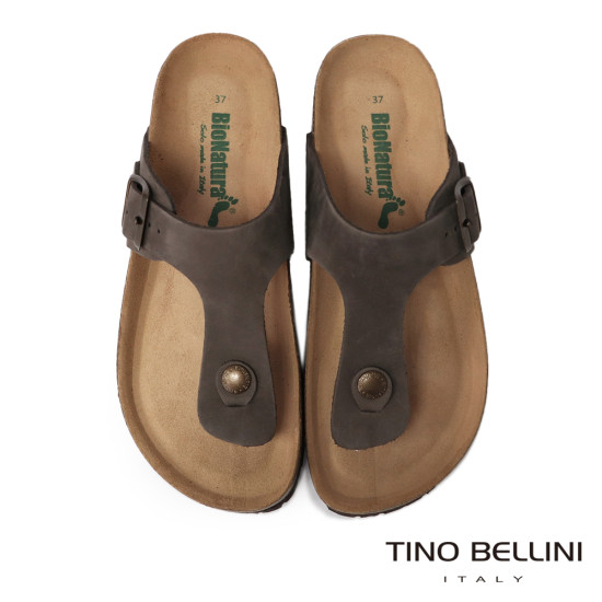 TINO BELLINI 貝里尼 歐洲進口 BIONATURA 腳床舒適鞋 真皮 飾扣造型 軟木軟底 夾腳拖鞋FSQB003-6