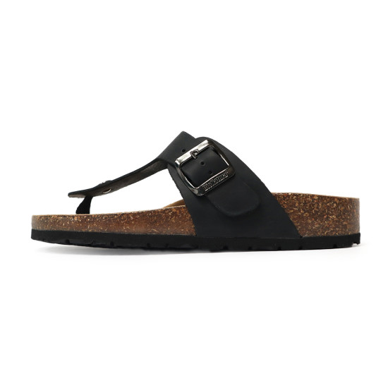 TINO BELLINI 貝里尼 歐洲進口 BIONATURA 腳床舒適鞋 真皮 飾扣造型 軟木軟底 夾腳拖鞋 FSQB003-U(黑瘋色)