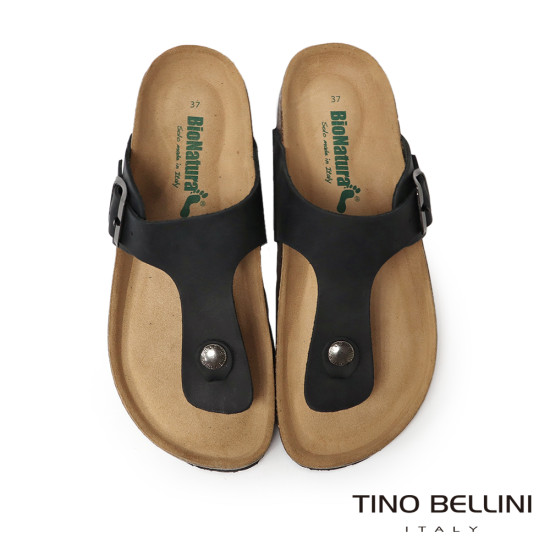 TINO BELLINI 貝里尼 歐洲進口 BIONATURA 腳床舒適鞋 真皮 飾扣造型 軟木軟底 夾腳拖鞋 FSQB003-U(黑瘋色)