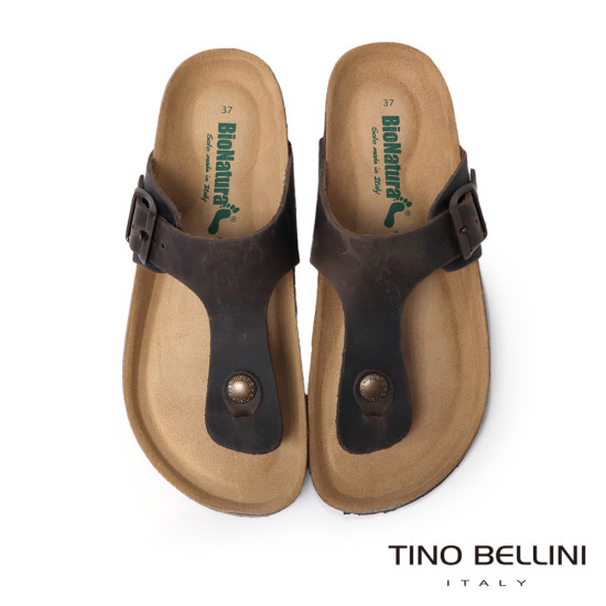 TINO BELLINI 貝里尼 歐洲進口 BIONATURA 腳床舒適鞋 真皮 飾扣造型 軟木軟底 夾腳拖鞋 FSQB003-W(咖瘋色)