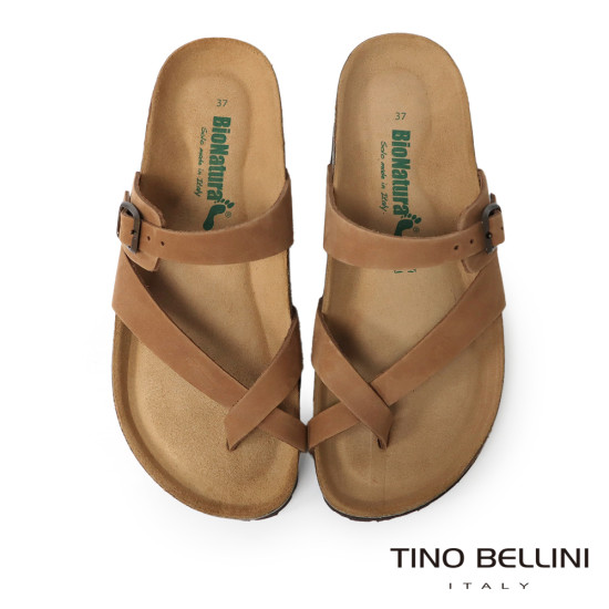 TINO BELLINI 貝里尼 歐洲進口 BIONATURA 腳床舒適鞋 真皮 撞色 飾扣造型 軟木軟底 夾腳拖鞋 FSQB004-9(駝色)