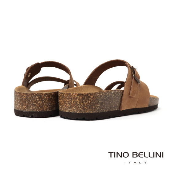 TINO BELLINI 貝里尼 歐洲進口 BIONATURA 腳床舒適鞋 真皮 撞色 飾扣造型 軟木軟底 夾腳拖鞋 FSQB004-9(駝色)