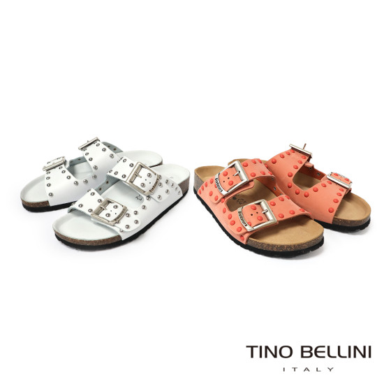 TINO BELLINI 貝里尼 歐洲進口 BIONATURA 腳床舒適鞋 真皮 鉚釘造型 軟木軟底 拖鞋 FSQB007-Q(橘色)