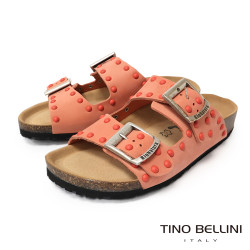 TINO BELLINI 貝里尼 歐洲進口 BIONATURA 腳床舒適鞋 真皮 鉚釘造型 軟木軟底 拖鞋 FSQB007-Q(橘色)