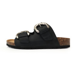 TINO BELLINI 貝里尼 歐洲進口 BIONATURA 腳床舒適鞋 真皮 雙飾扣造型 軟木軟底 拖鞋 FSQB008-1(黑色)